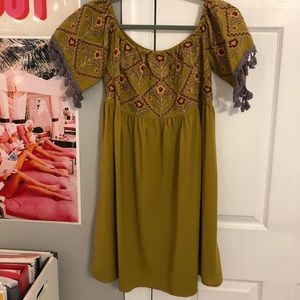 Mustard dress with floral embroidery